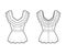 Peplum blouse technical fashion illustration with 3 layers of ruffles along the diamond neckline, back zip fastening.