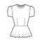 Peplum blouse technical fashion illustration with puff short cap sleeves, scoop neck, fitted body. Flat apparel shirt