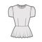 Peplum blouse technical fashion illustration with puff short cap sleeves, scoop neck, fitted body. Flat apparel shirt