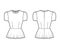 Peplum blouse technical fashion illustration with puff short cap sleeves, scoop neck, fitted body. Flat apparel shirt