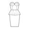 Peplum bustier dress technical fashion illustration with strapless, cups, fitted body, knee length skirt. Flat garment