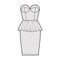 Peplum bustier dress technical fashion illustration with strapless, cups, fitted body, knee length skirt. Flat garment