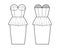 Peplum bustier dress technical fashion illustration with strapless, cups, fitted body, knee length skirt. Flat garment