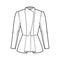 Peplum hem jacket technical fashion illustration with fitted body, long gigot sleeves, wrap collar opening. Flat coat