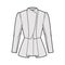 Peplum hem jacket technical fashion illustration with fitted body, long gigot sleeves, wrap collar opening. Flat coat