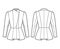 Peplum hem jacket technical fashion illustration with fitted body, long gigot sleeves, wrap collar opening. Flat coat