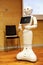 Pepper - the japanese semi humanoid robot assistant closeup on face / head, portrait . Artificial intelligence, modern robotics