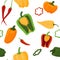 Pepper pattern. Cartoon seamless texture with hot chilli bells. Organic vegetables. Green jalapeno pieces. Red and