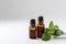 Peppermint Essential Oil In Small Brown Bottle Next To Peppermint On White Background. Generative AI