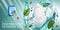 Peppermint fragrance dishwasher detergent tabs ads. Vector realistic Illustration with dishes in water splash and mint leafs. Hori
