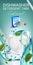 Peppermint fragrance dishwasher detergent tabs ads. Vector realistic Illustration with dishes in water splash and mint leafs. Vert