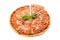 Pepperoni pizza. Pepperoni sausages, Mozzarella cheese, Tomato sauce, Tomatoes, Oregano White background. Isolated. Close-up