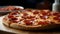 Pepperoni Pizza on Wooden Tray: A Classic and Fragrant Delight. Generative AI