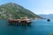 Perast, Montenegro - June 10. 2019. Beautiful excursion boat in a Boka-Kotorska bay