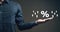 Percent icon with up arrows. Percentage rise. Man holding in his hand