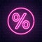 Percent neon sign. Color sale neon banner on brick wall. Special offers, discount night symbol. Realistic bright signboard.