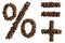 Percent sign, equal sign and plus sign lined with roasted aromatic coffee beans isolated on a white background