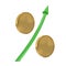 Percent sign with golden coins and green arrow