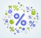 Percent symbol taxes, return on investment, refund, stock market, refinance, bookkeeping and accounting.