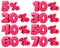 Percentage numbers in red for discount sales, for banners and showcases, for web and print, with transparent png file attached.