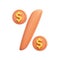 Percentage symbol design as orange US dollar coin on white background. cartoon style smooth skin object. Success investment.