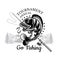 Perch fish bend with fishing rod and landscape backside in engrving style. Logo for fishing, championship and sport club