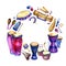 Percussion instruments. Circle filled with hand drawn doodles of ethnic drums on a white background. Music design frame.