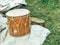 Percussion instruments drum leather and timbrel on a grass backgrond