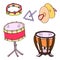 Percussion instruments vector set. Snare drum, cymbals, tambourine, timpani triangle.