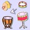 Percussion musical instrument sticker pack. Drum, cymbals, tambourine, triangle hand-drawn artistic vector objects with shadow