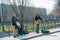 Percussionist and guitarist, street musicians on the bridge