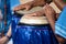 Percussionist hands playing atabaque. musical rhythm. African music