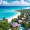 Perfect aerial landscape, luxury tropical resort with water villas. Beautiful island beach, palm trees, sunny sky.