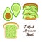 Perfect Avocado Toast as bread with slices and sandwich with mixed avocado and sesame seeds