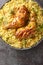 Perfect Bangladeshi Chicken Roast with fried onion and garnish with pulao closeup on the plate. Vertical top view