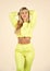 Perfect belly. fit woman in yellow tracksuit. sporty woman in homewear isolated on white. feeling cozy and comfortable