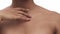 Perfect body condition. Close up of unrecognizable black lady stroking her neckline with smooth skin, tracking shot