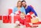 Perfect celebration. Valentines day. Red boxes. Love and trust in family. Bearded man and woman with little girl. father