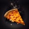 Perfect cheesy pizza slice on black space background fast food