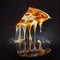 Perfect cheesy pizza slice on black space background fast food