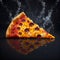 Perfect cheesy pizza slice on black space background fast food