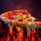 Perfect cheesy pizza slice on hot volcanic lava fiery background fast food