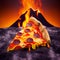 Perfect cheesy pizza slice on hot volcanic lava fiery background fast food