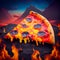 Perfect cheesy pizza slice on hot volcanic lava fiery background fast food