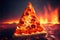 Perfect cheesy pizza slice on hot volcanic lava fiery background fast food