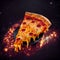 Perfect cheesy pizza slice on hot volcanic lava fiery background fast food