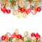 Perfect Christmas border composition with red holly berries, glass baubles, golden garland and snowy Xmas tree branch isolated