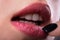 Perfect Close Up Sensual beautiful sexy Seductive Pink  Lips woman smile with tongue . White Teeth bleaching ceramic crowns