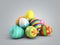 Perfect colorful handmade easter eggs 3d render on a grey gradient