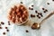 Perfect freshly made Italian tiramisu with cacao. Tiramisu portion on a white marble background. Delicious no bake tiramisu ready-